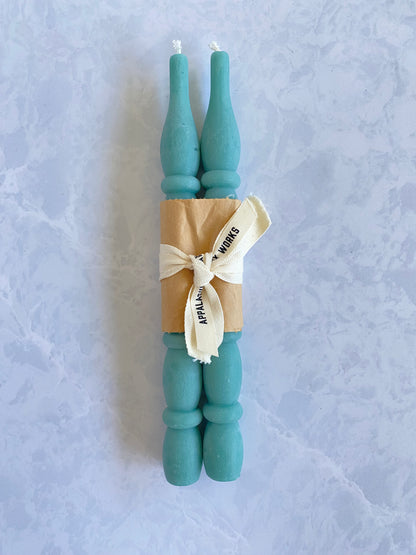 Unique Shape Spindle Beeswax Taper Candle in Teal Blue Color for Sale