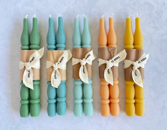 Unique Beeswax Taper Candles in Spindle Shape in Assorted Colors for Sale